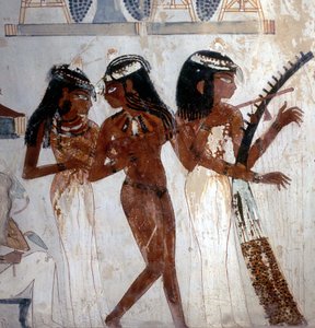 Luxor Thebe: Necropolis van de Edelen, graf van Nakht (18e Dynastie), muzikanten. Vallei der Edelen
