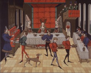 Middeleeuwse aristocratische dames krijgen diner geserveerd, 15e eeuw