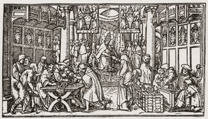Een verkoop van aflaten tijdens de Tudorperiode in Engeland (gravure)