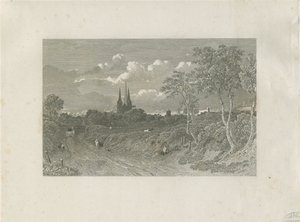 Lichfield Cathedral - Westaanzicht (veraf): gravure, nd [?18e eeuw] door School English