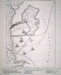 Plan van de nederlaag van de Amerikaanse Vloot op Lake Champlain (litho) door School English