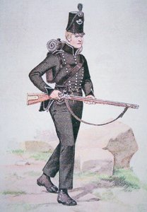 Soldaat van de 95e Rifles, ca. 1810, bewapend met het Baker-geweer, ontworpen door Ezekiel Baker uit Londen (kleur litho)