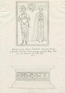 Sandon Kerk - Graf van Hugh Erdeswicke en Cecilia [Bassett]: pen en inkt tekening door School English