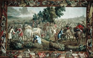 Dubbel wandtapijt met takkenverzamelaars buiten een stad, Brusselse werkplaats