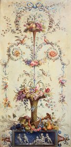 Een trompet van bloemen en fruit versierd met bloemenkransen door School French