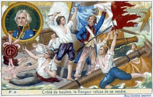Admiraal Villaret (1750-1812), afgebeeld in het medaillon, leverde de zeeslag van Ouessant aan de Engelse Howe in 1794 door School French