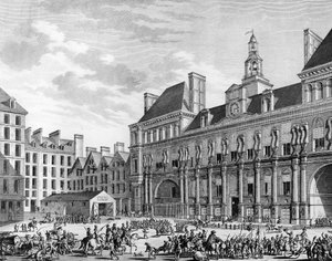 Aanval op het gemeentehuis op 29 juli 1794 in Parijs door de troepen van de Conventie. Parijs, Bibliotheek van het Instituut voor Geschiedenis van de Revolutie door School French