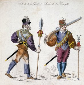 Kostuums van soldaten van de wacht van Karel IX (1550-1574) en Hendrik III (1574-1589).