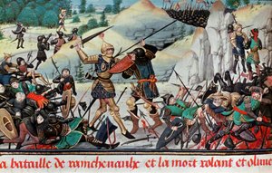Dood van de ridder Roland, neef van Karel de Grote, in de Slag bij Roncevaux (778) tussen het leger van Karel de Grote en de Saracenen. Miniatuur. Parijs B.N. door School French