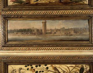 Intocht van Hendrik IV in Parijs: Charles de Cossé Brissac (Cosse-Brissac) opende voor Hendrik IV (1553 - 1610) de deur van de Conferentie (1594) - het middenlandschap van een van de grote panelen in de kamer - Salon de la Meilleraye door School French