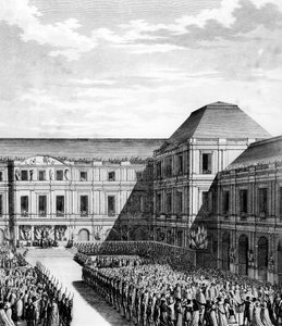 Feest gegeven door Napoleon I Bonaparte (1769-1821) in het Palais national du Directoire (Palais du Luxembourg) in Parijs na de handel van Campo Formio op 20 frimaire An VI (10 december 1797). Parijs, Bibliotheek van het Instituut voor Geschiedenis van de  door School French