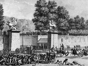 Begin van de Franse Revolutie: Monsieur Charles Eugene de Lorraine, Prins van Lambesc (1754-1825) betreedt de Tuilerieën met een detachement van Royal German op 12 juli 1789 om de eerste revolutionairen te onderdrukken. Parijs, Bibliotheek van het Instituu