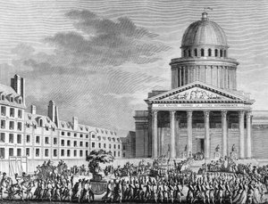 Franse Revolutie: Apotheose door Jean Jacques Rousseau (1712-1778), zijn overbrenging naar het Pantheon op 11 oktober 1794. Parijs, Bibliotheek van het Instituut voor Geschiedenis van de Revolutie door School French