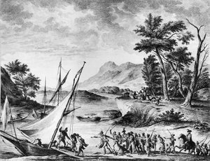 Franse revolutie: arrestatie van Franse ambassadeurs Charles Louis Huguet de Semonville (1759-1839) en Hugues Bernard Maret (1763-1839) in Novate op 25 juli 1793. Gravure en tekening door Duplessi - Bertaux door School French