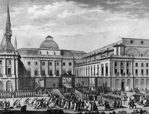 Franse Revolutie: Stadhuis van Parijs, parlement in november 1790 op het eiland van de stad voorgezeten door Jean Baptiste Gaspard Bochart de Saron (1730-1794). Parijs, Bibliotheek van het Instituut voor Geschiedenis van de Revolutie door School French