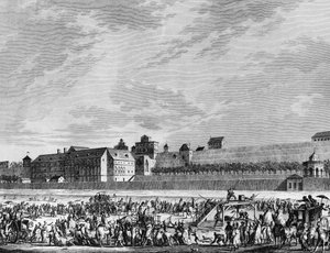 Franse revolutie en anti-revolutionaire bewegingen: Dood van Jean Sylvain Bailly (1736-1793) op 12 november 1793 guillotine, voor het in het voordeel van Marie Antoinette getuigen, op de esplanade van het Champ de Mars in Parijs. Parijs, Bibliotheek van he door School French