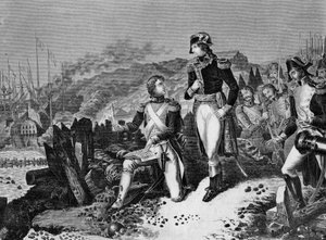 Generaal Jean Andoche Junot (1771-1813), Hertog van Abrantes schrijft een brief voor Napoleon Bonaparte bij het beleg van Toulon in december 1793. Junot en Generaal Napoleon Bonaparte tijdens het beleg van Toulon