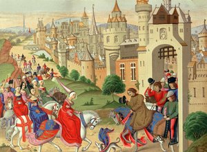 Isabella, koningin van Engeland, wordt verwelkomd bij de poorten van Parijs door haar broer koning Karel IV van Frankrijk, uit het manuscript 