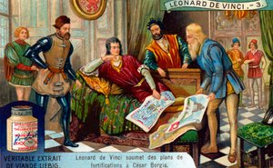Militair ingenieur, Het leven van Leonardo da Vinci, Liebig-kaart (print) door School French