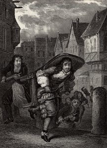 Monsieur de Pourceaugnac - Gravure uit werken van de Engelse auteur Molière - Scène uit het toneelstuk Monsieur de Pourceaugnac door Jean-Baptiste Poquelin genaamd Molière