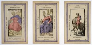 Oude speelkaarten met de koning (blonde man), de koningin (blonde vrouw) en de ruiter (einde) beker. Musée de la Carte à Jouier, Issy-les-Moulineaux door School French