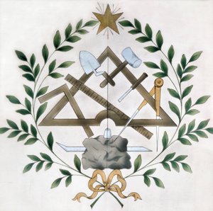 Voorstelling van de verschillende vrijmetselaarsemblemen (aquarel)