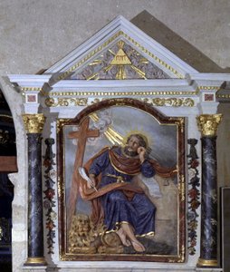 Sint Marcus de Evangelist en zijn symbool: de leeuw. Altaarstuk van de Kerk van Peer op Leven, Vendée