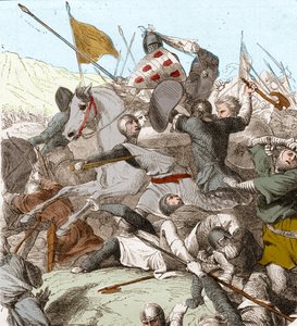 De Slag bij Hattin, 4 juli 1187 (kleur litho).