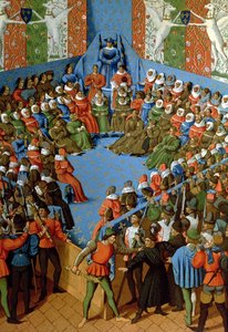 Vonnis over Jean, Hertog van Alençon, beschuldigd van samenzwering met de Engelsen tegen de Fransen, facsimile van een 15e-eeuws manuscript door Jean Fouquet