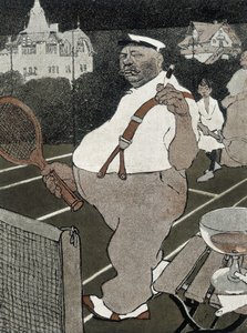 Tennis: dikke man, rokend en alcohol drinkend, speelt tennis - Duitse cartoon