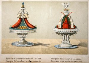 Ontwerp voor de presentatie van ossenhaas op een bed van stearine en voor kreeft, illustratie uit een Hongaars kookboek over Franse keuken, c.1880 door School Hungarian