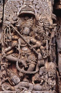 Beeldhouwwerk van de God Shiva die Andhakasura doodt door School Indian