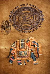 Olifant, handgemaakt schilderij en oude stempelpapier, Jaipur, Rajasthan, India