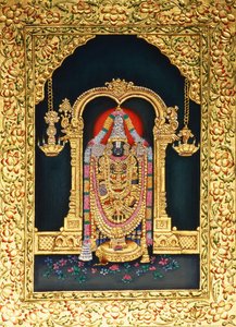 God Tirupati Balaji in miniatuurschilderij op papier met goudembossing door School Indian