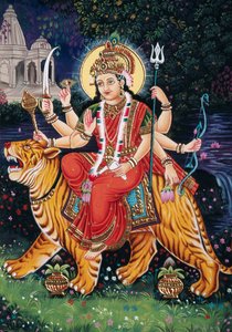 Godin Durga miniatuurschilderij op papier met borduurwerk