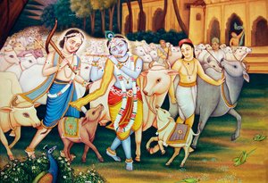 Krishna en Balram met Gopal miniatuurschilderij