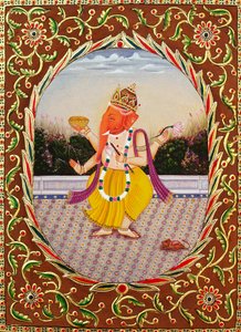 Heer Ganesha Ganpati miniatuurschildering op papier met borduurwerk