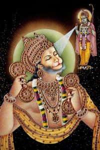 Heer Hanuman en Rama miniatuurschilderij op papier