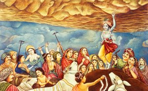Heer Krishna tilt een berg op Miniatuurschilderij door School Indian