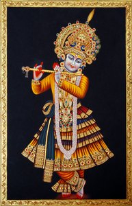 Heer Krishna speelt fluit miniatuurschilderij op papier