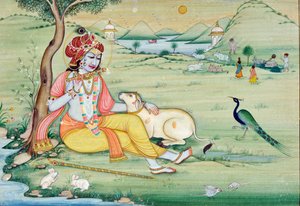 Miniatuurschilderij van Krishna die fluit speelt door School Indian