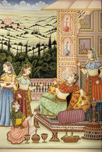 Miniatuurschilderij van Mughal Dame die van een drankje geniet, India door School Indian