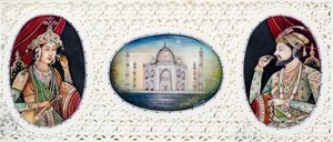 Miniatuurschilderij van Mughal keizer Shah Jahan met vrouw Mumtaj Mahal door School Indian