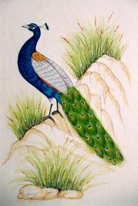 Miniatuurschilderij op zijde Pauw
