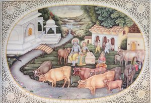 Miniatuur van Krishna een melkmeisje zittend in een veld met vee