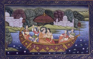 Mughal miniatuurschilderij op papier, koning liefdesscène en genietend van muziek in boot door School Indian