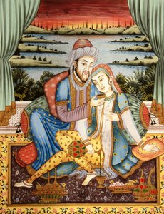 Schilderij van Mughal keizer met zijn vrouw in liefdesscène, India door School Indian