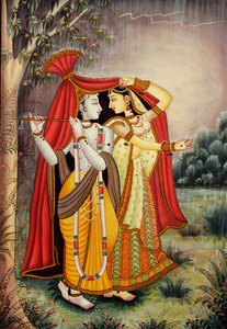 Radha Krishna miniatuurschilderij in moesson op papier door School Indian