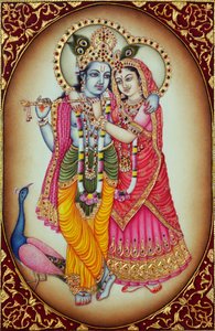 Radha Krishna miniatuurschilderij op ivoor door School Indian