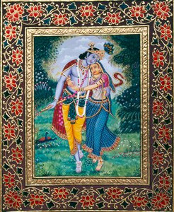 Radha Krishna miniatuurschilderij op papier door School Indian